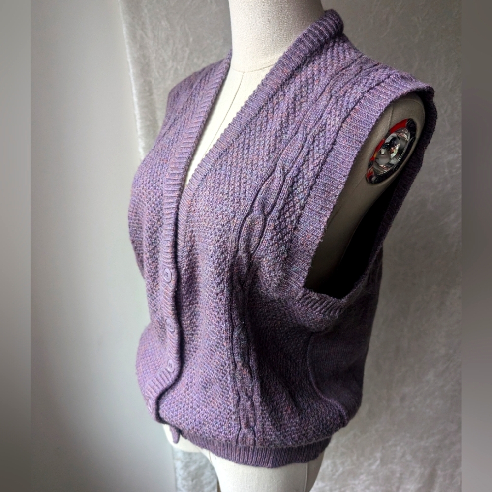 Vtg Peter Ashley Dusty Purple With Pink Knitted Button-up Vest Like New